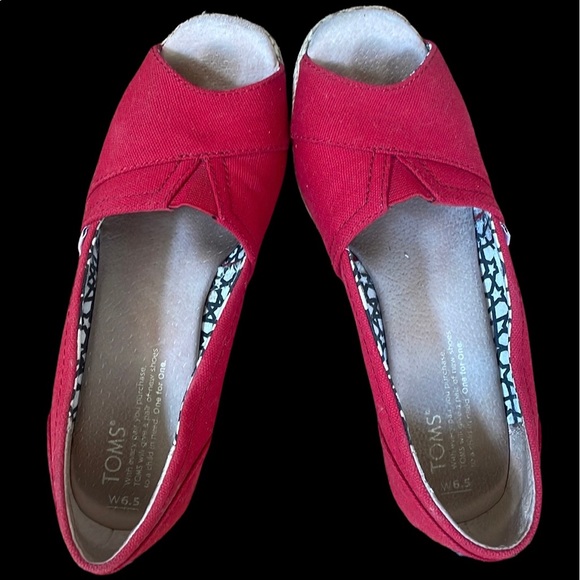 Toms Twill Classic Wedge Sandals Womens 6.5 Red Peep Toe Twine 3" Heel Shoes - Picture 4 of 12